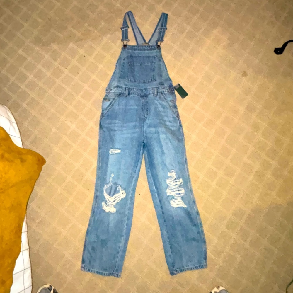 Blue Denim Overalls with Distressed Details